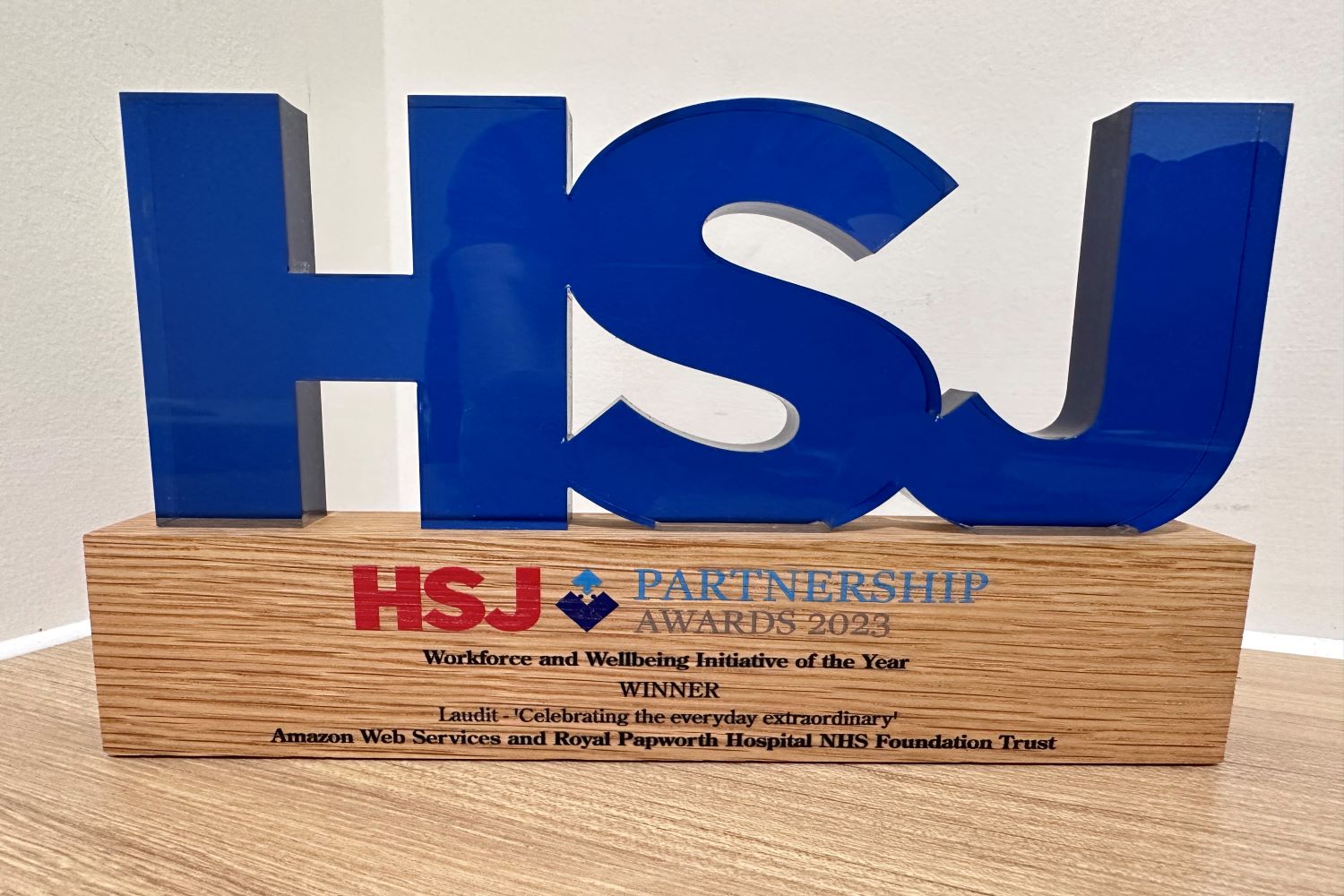 An award which has HSJ in blue letters upon a wooden block.