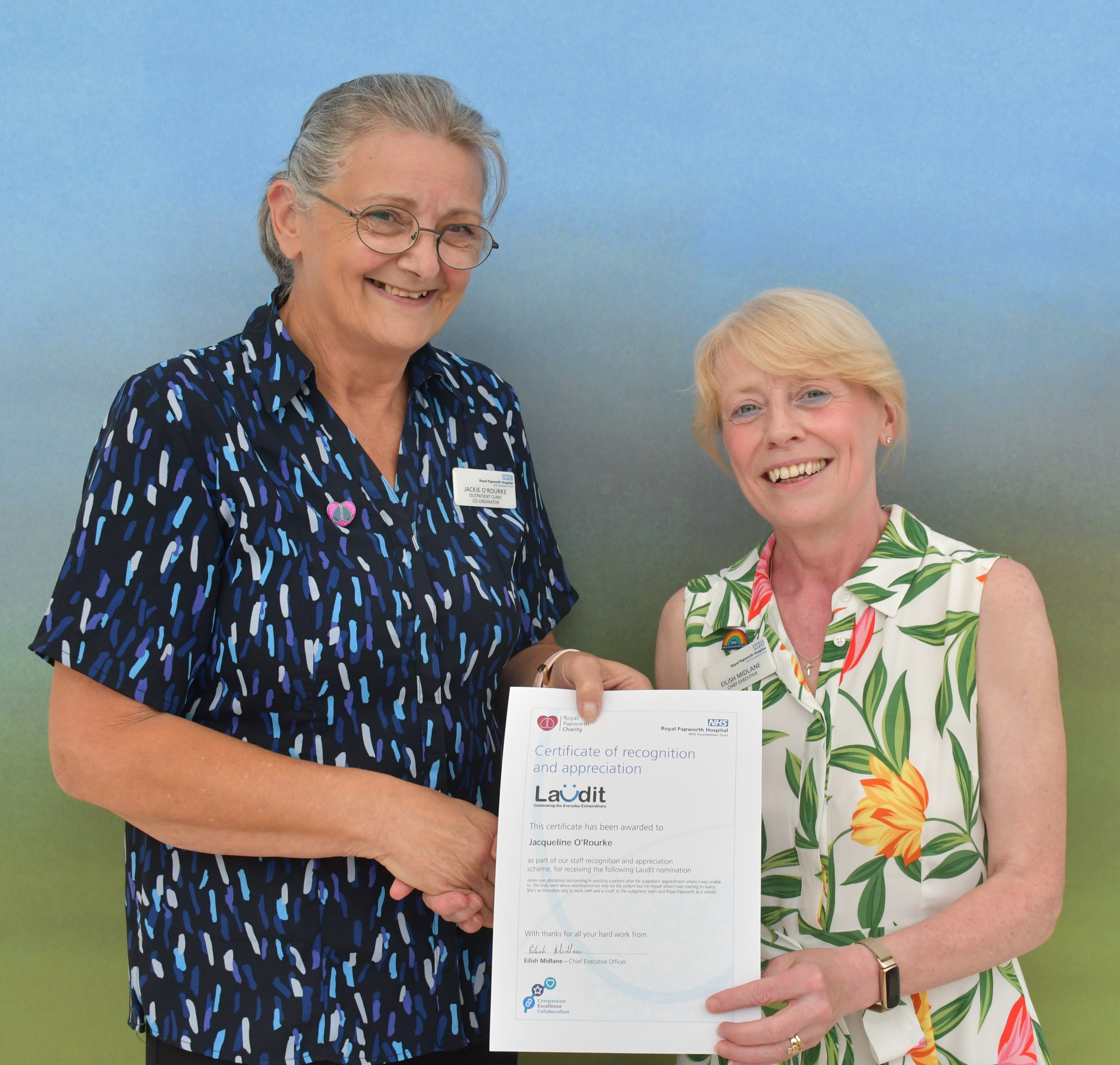 Photo of two women shaking hands and smiling. The lady on the left is wearing a blue blouse and being presented with a certificate.