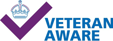 A purple tick with the words Veteran Aware in blue
